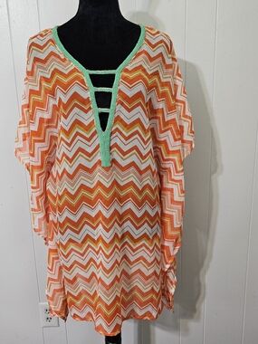 Club Z Collection Swim Cover Up L/XL Orange Chevron Sheer Beach Kaftan